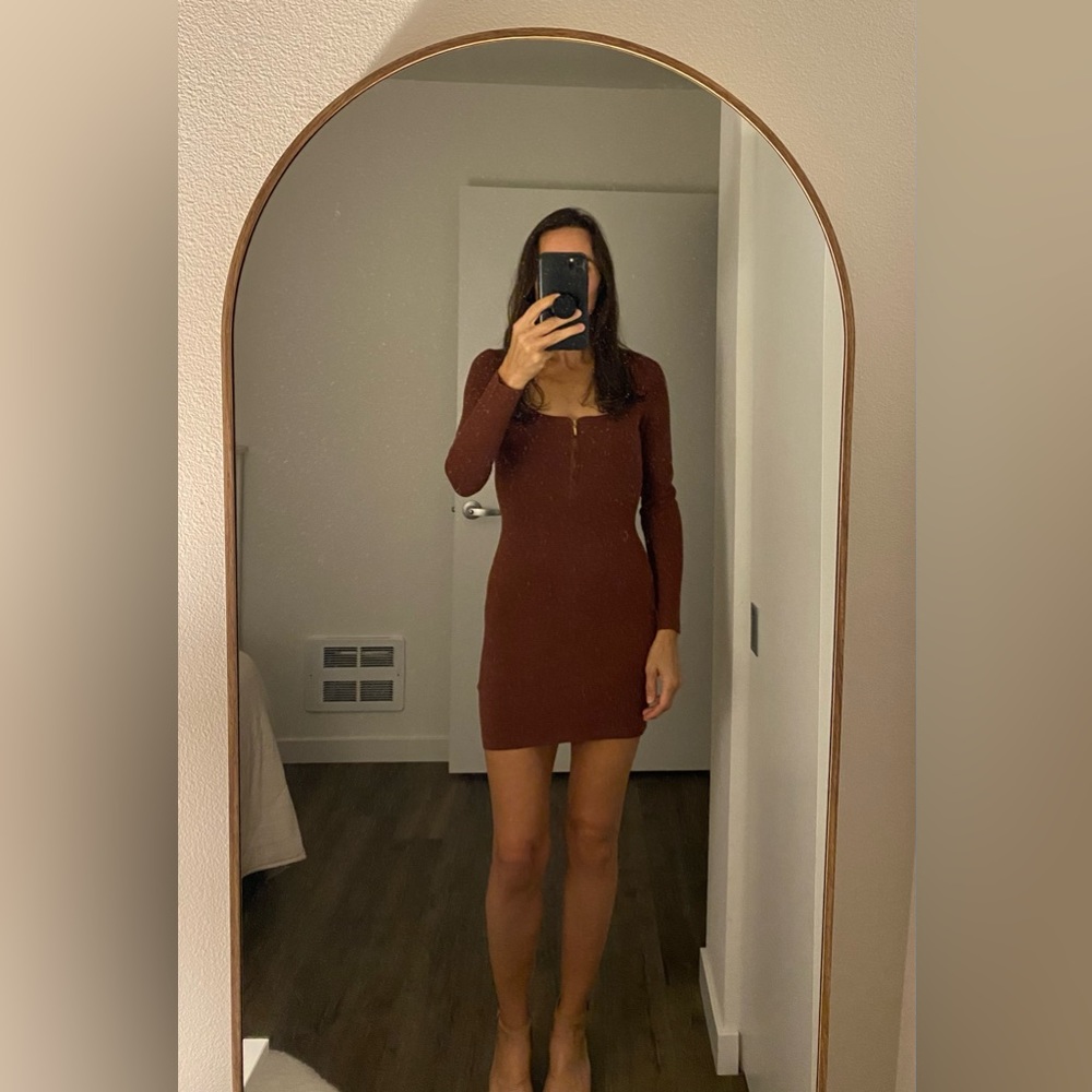 NWT Abercrombie long sleeve mini dress brown zip sweetheart neckline (SP)